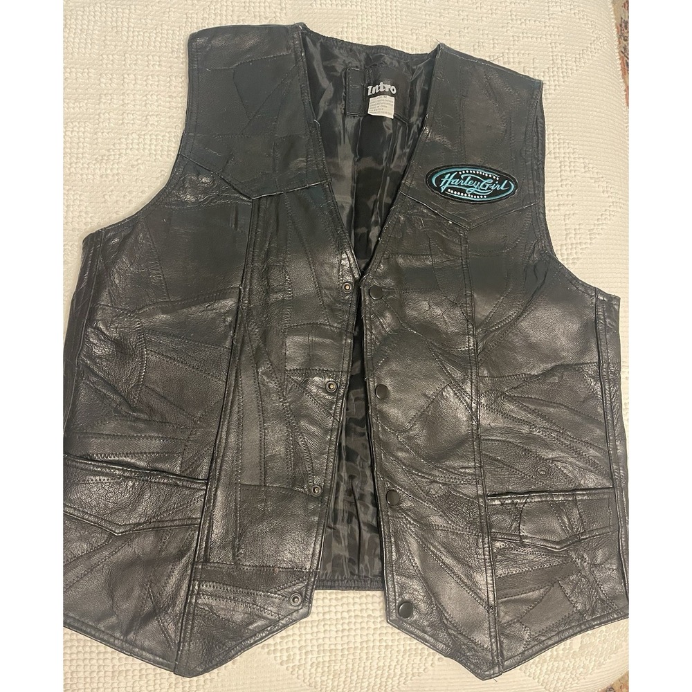 100% Leather Vest Black USA American Flag Biker Medium Snap Closure 90s